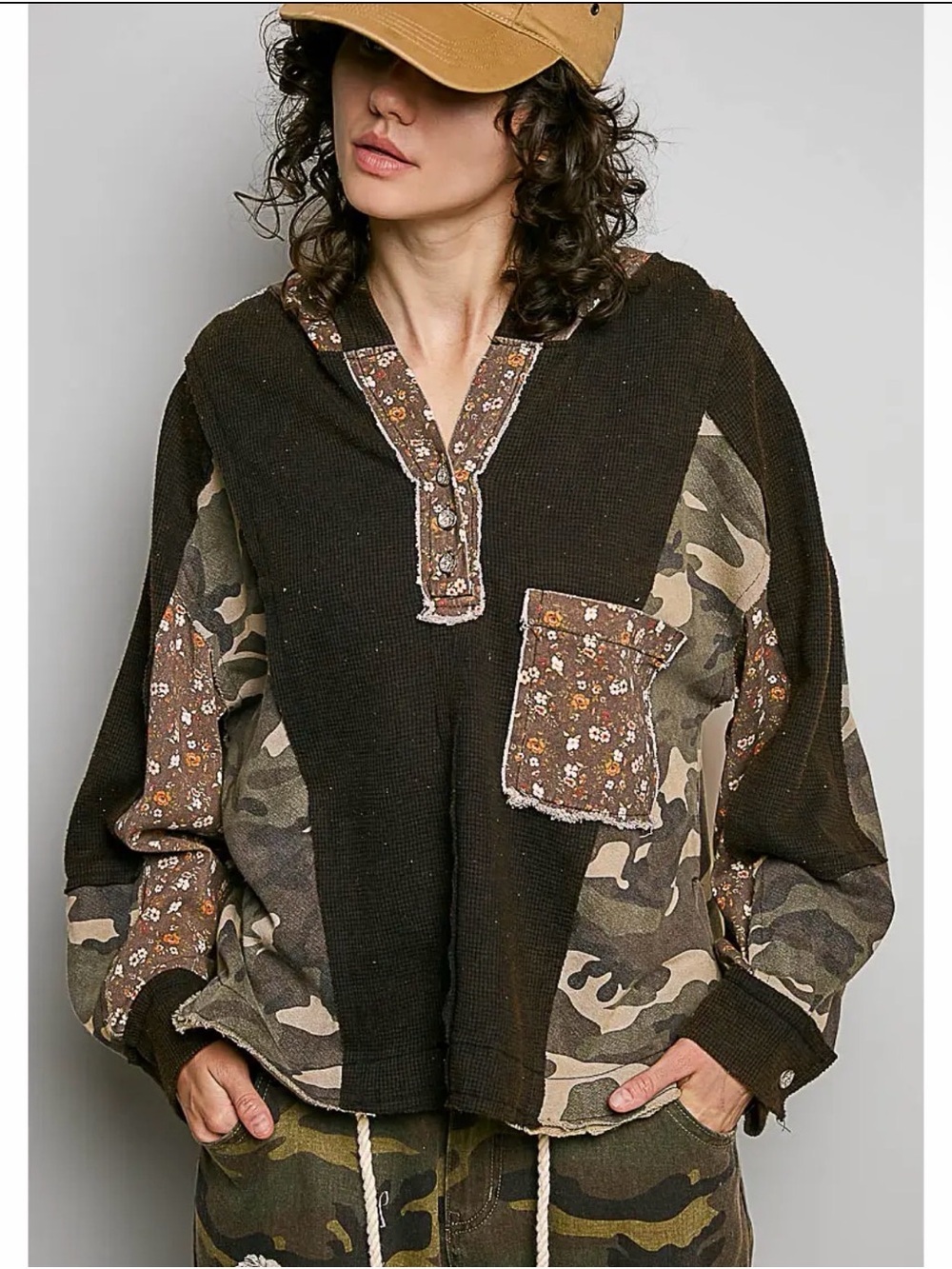 POL NWT Brown Patchwork Camo & Floral Pullover Hoodie